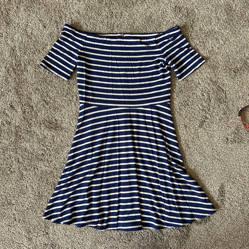 White House Black Market Navy and White Striped off the shoulder small dress
